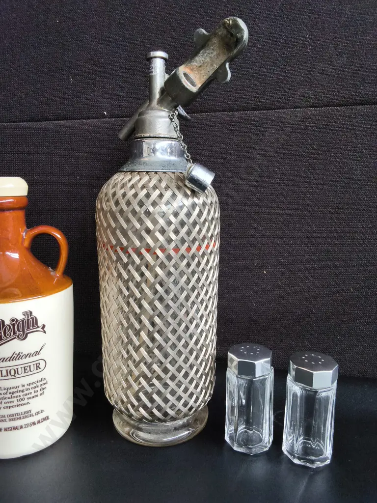 VINTAGE GLASS SODA SIPHON, GLASS SALT AND PEPPER SHAKERS, AND VINTAGE RUM STONEWARE DEMIJOHN, TALLEST H 35 CM Image 1++