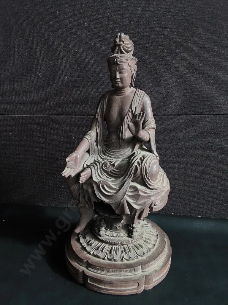 CARVED WOODEN SCULPTURE OF A SEATED BODHISATTVA, H APPROX 49 CM, DAMAGE PICTURED Image 1++