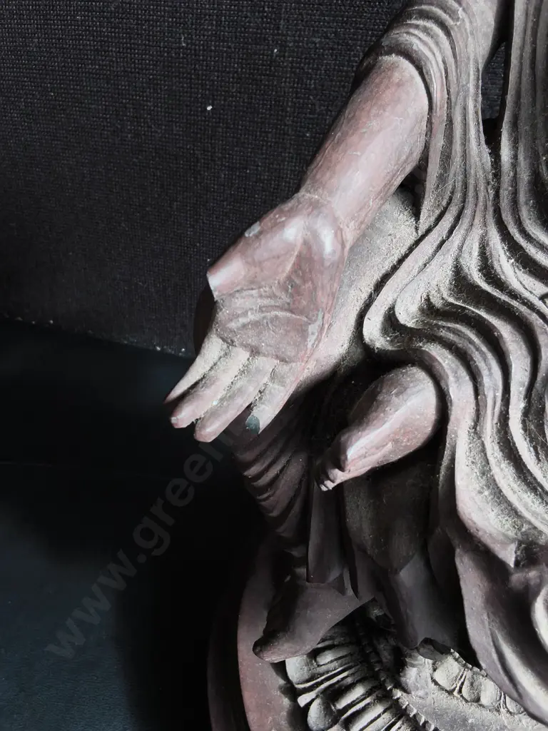 CARVED WOODEN SCULPTURE OF A SEATED BODHISATTVA, H APPROX 49 CM, DAMAGE PICTURED Image 1++