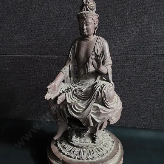 CARVED WOODEN SCULPTURE OF A SEATED BODHISATTVA, H APPROX 49 CM, DAMAGE PICTURED