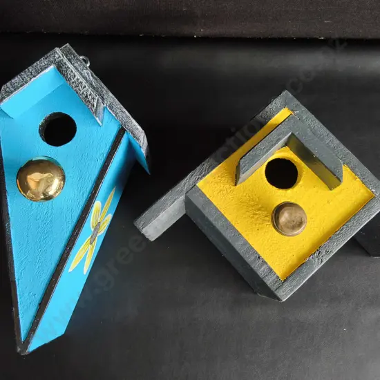 PAIR OF HANDMADE WOODEN BIRDHOUSES, TALLEST H 40 CM