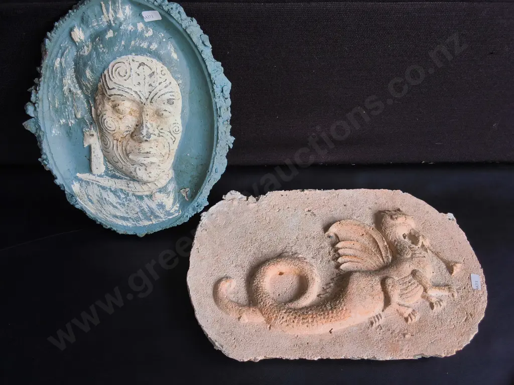 PAIR OF CARVED CLAY RELIEF PLAQUES, WIDEST W 43 CM Image 1++