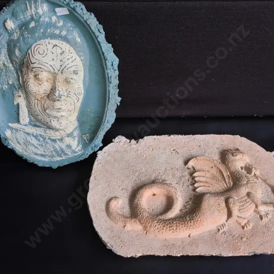PAIR OF CARVED CLAY RELIEF PLAQUES, WIDEST W 43 CM