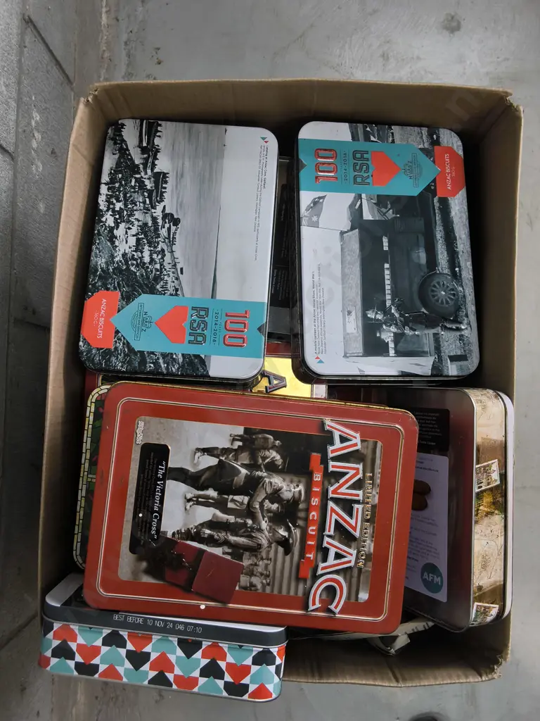 BOX OF ANZAC BISCUIT TINS Image 1++