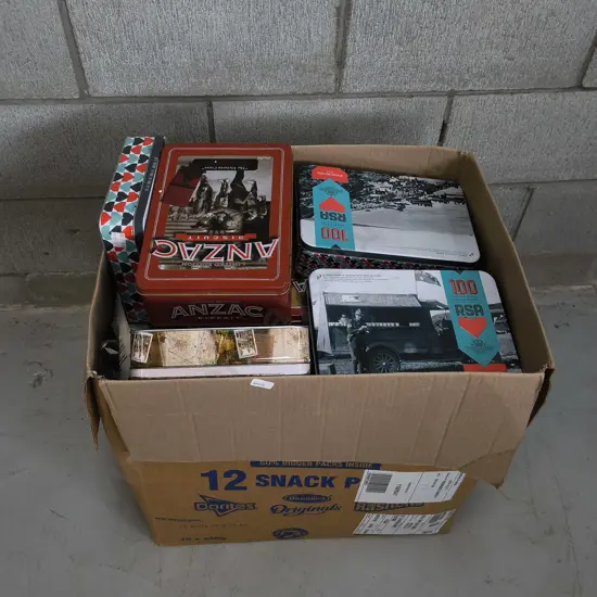 BOX OF ANZAC BISCUIT TINS