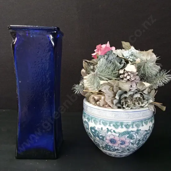 CLUE COBALT GLASS VASE H35CM AND A VINTAGE PORCELAIN FISHBOWL PLANTER H15CM WITH FAKE FLOWERS