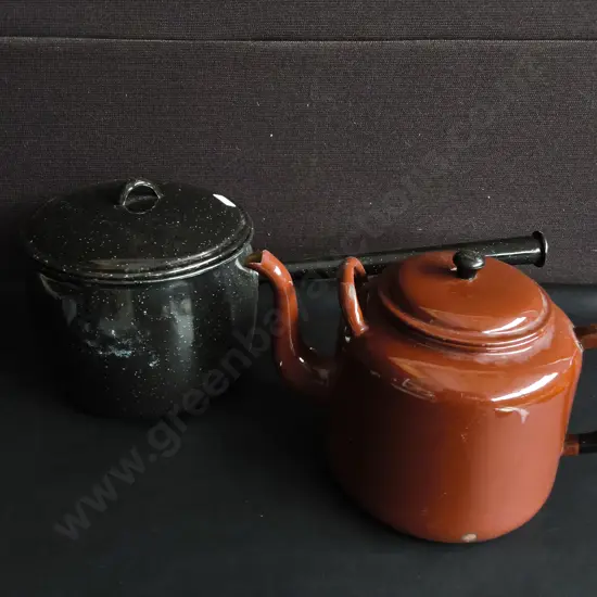 PAIR OF ENAMEL POTS, TALLEST H 21 CM
