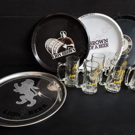 LION BEER MERCHANDISE, 4 TRAYS AND SET OF SIX GLASSES, WIDEST DIA 38 CM