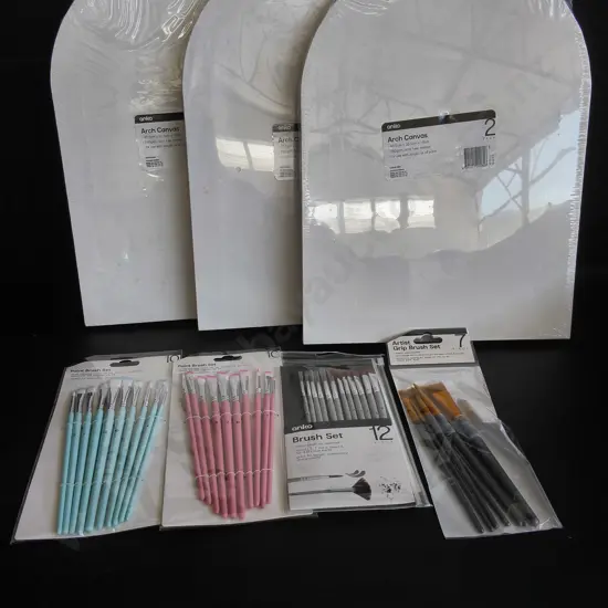 BRAND NEW CANVASES AND PAINTBRUSHES, 7 PIECES
