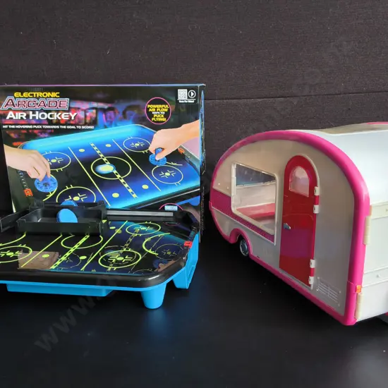 TOYS, DOLL CARAVAN AND TABLE AIR HOCKEY