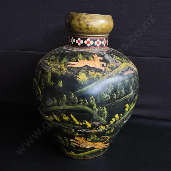 VINTAGE HAND PAINTED DECORATIVE METAL VASE, H 48 CM