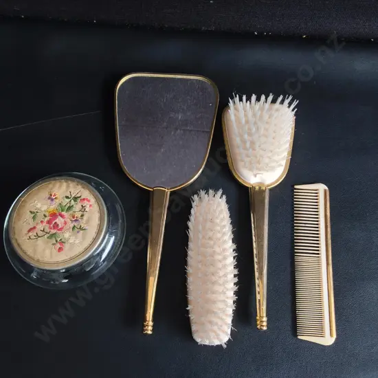 VINTAGE PETIT POINT MID CENTURY VANITY GROOMING SET, 5 PIECES