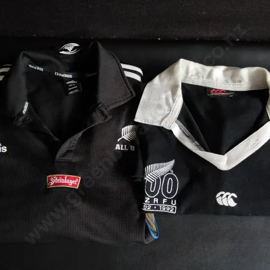 PAIR OF ALL BLACKS JERSEYS, ADIDAS SIZE XL, AND CANTERBURY 46"