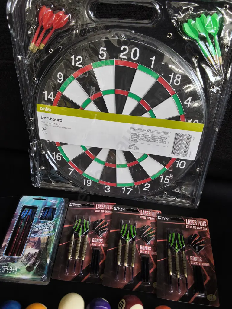 BRAND NEW DARTBOARD AND 4 PACKS OF DARTS, AND POOL BALLS Image 1++