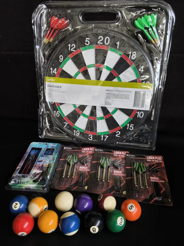 BRAND NEW DARTBOARD AND 4 PACKS OF DARTS, AND POOL BALLS Image 1++