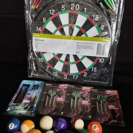 BRAND NEW DARTBOARD AND 4 PACKS OF DARTS, AND POOL BALLS