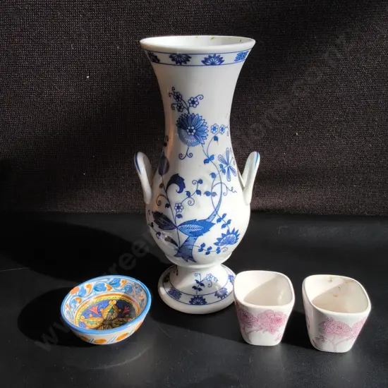 VINTAGE FINE CHINA VASE, HAND PAINTED BOWL, AND PAIR OF SMALL FLORAL CUPS, TALLEST H 25 CM