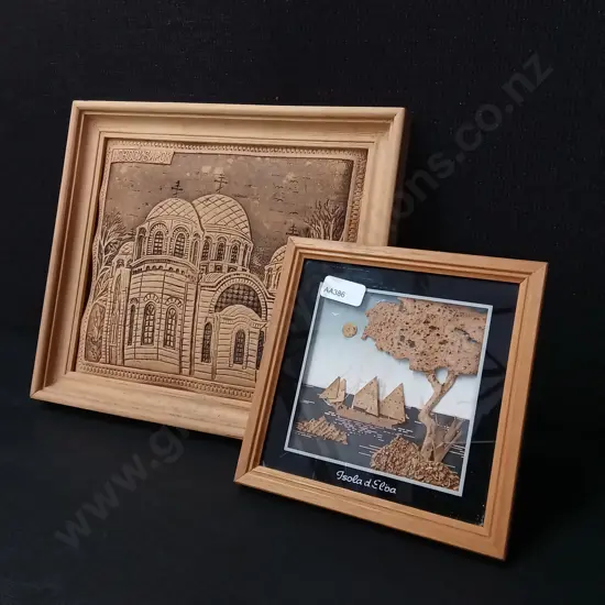 DECORATIVE FRAMED 3D WOOD AND CORK ART PIECES, 22.5CM X 20CM, 14CMX 14CM