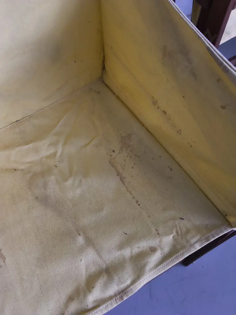 PAIR OF WOODEN FOLDING DIRECTORS CHAIRS WITH YELLOW FABRIC COVERS, DAMAGE PICTURED Image 1++