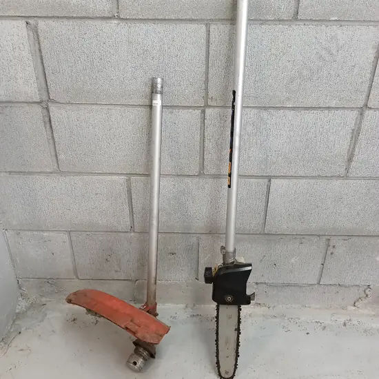ATTACHMENT PIECES, WEED WHACKER AND CHAINSAW.