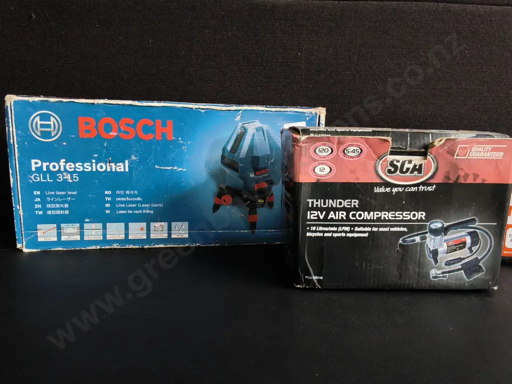 BOSCH PROFESSIONAL LINE LASER, SCA AIR COMPRESSORM AND BLACK AND DECKER DETAIL SANDER, BOXED Image 1++