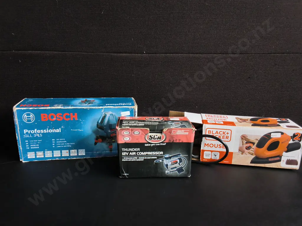 BOSCH PROFESSIONAL LINE LASER, SCA AIR COMPRESSORM AND BLACK AND DECKER DETAIL SANDER, BOXED Image 1++