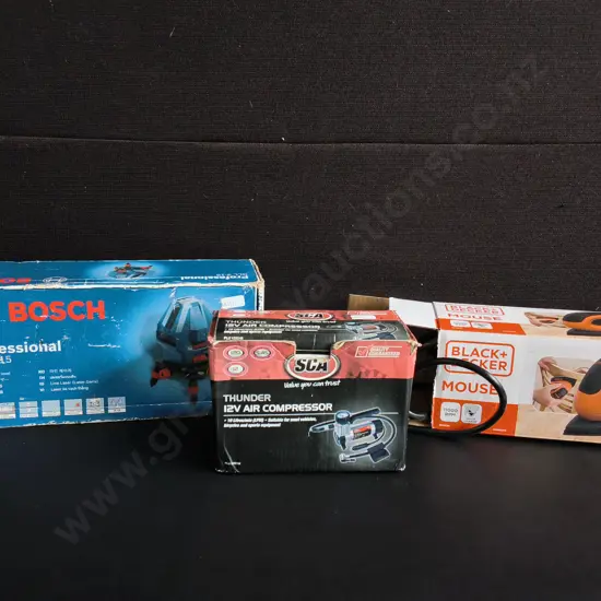 BOSCH PROFESSIONAL LINE LASER, SCA AIR COMPRESSORM AND BLACK AND DECKER DETAIL SANDER, BOXED