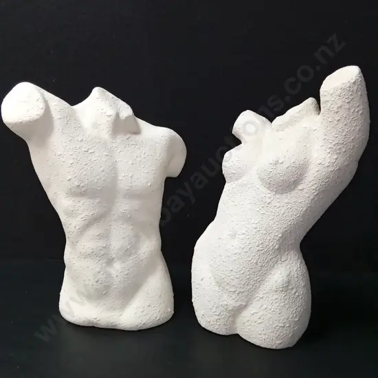 FEMALE AND MALE TEXTURED TORSO SCULPTURES H37CM