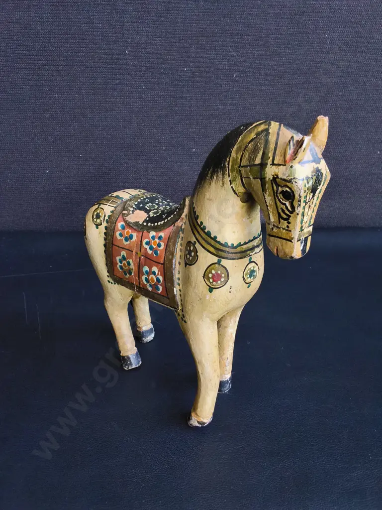VINTAGE HAND PAINTED WOODEN GHODI WEDDING HORSE FIGURINE, H 20 CM Image 1++