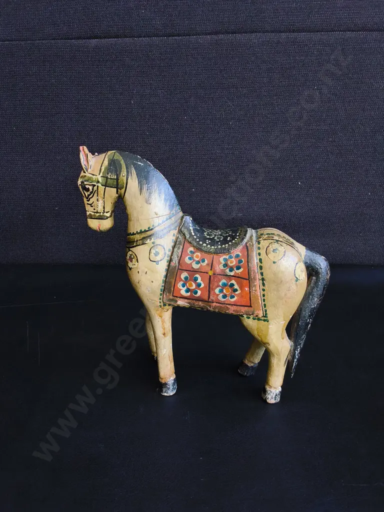 VINTAGE HAND PAINTED WOODEN GHODI WEDDING HORSE FIGURINE, H 20 CM Image 1++
