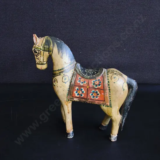 VINTAGE HAND PAINTED WOODEN GHODI WEDDING HORSE FIGURINE, H 20 CM