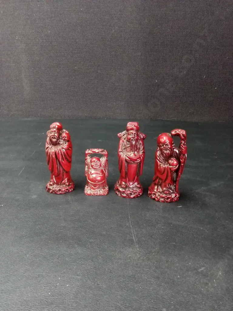4 RED RESIN FENG SHUI FIGURINES TALLEST H8CM Image 1++