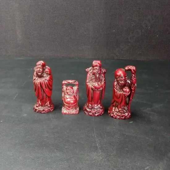 4 RED RESIN FENG SHUI FIGURINES TALLEST H8CM