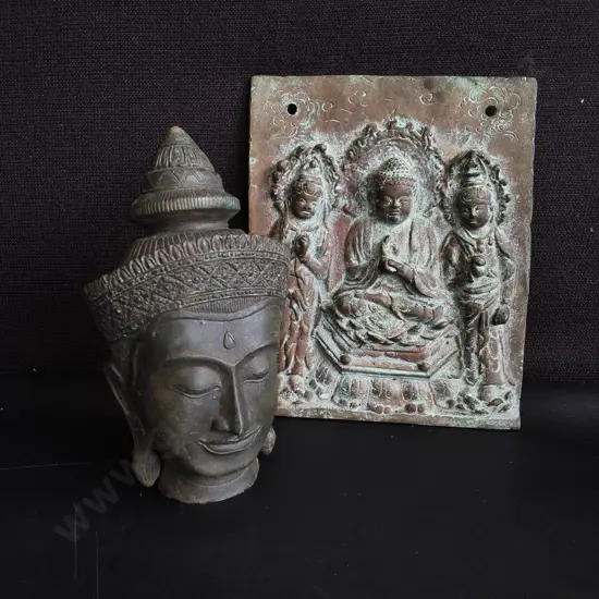 VINTAGE CAST METAL CROWNED BUDDHA HEAD AND VERDIGRIS TRIAD WALL PLAQUE, TALLEST H 24 CM
