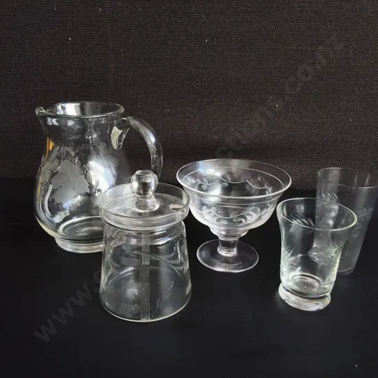 VINTAGE CLEAR ETCHED GLASSWARE, PITCHER, LIDDED JAR, SHERBET DISH, TUMBLERS,TALLEST H 13.5 CM