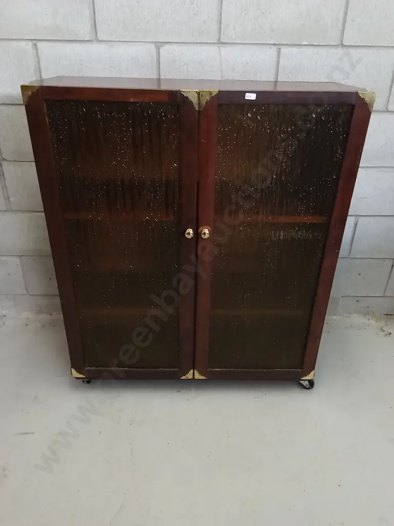 VINTAGE STORAGE CABINET WITH TEXTURED AMBER TONED GLASS, H 103CM X W 92CM X D 32CM Image 1++