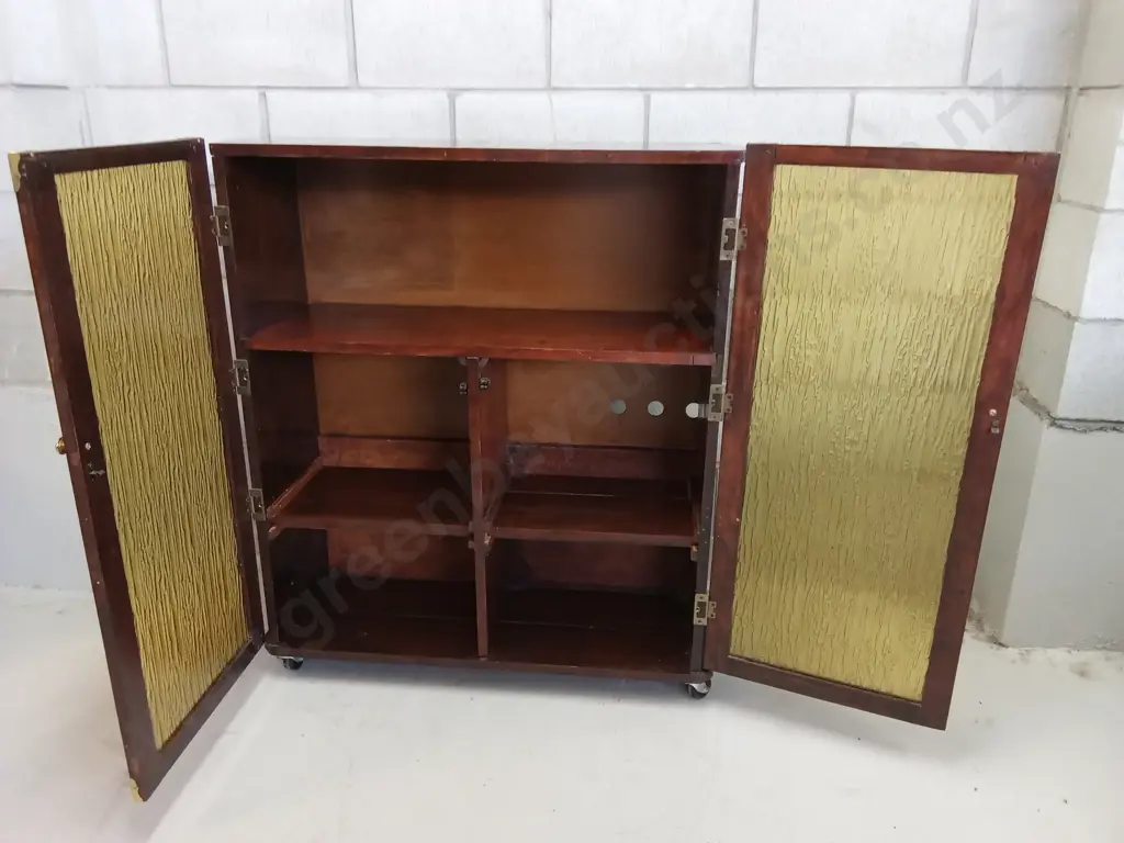 VINTAGE STORAGE CABINET WITH TEXTURED AMBER TONED GLASS, H 103CM X W 92CM X D 32CM Image 1++