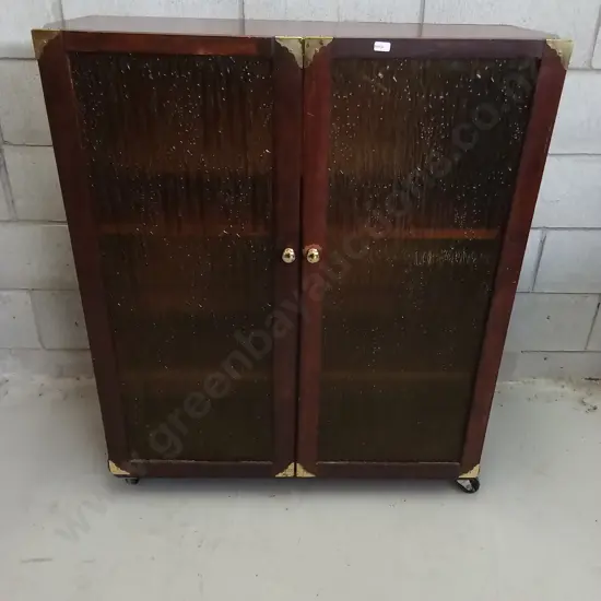 VINTAGE STORAGE CABINET WITH TEXTURED AMBER TONED GLASS, H 103CM X W 92CM X D 32CM
