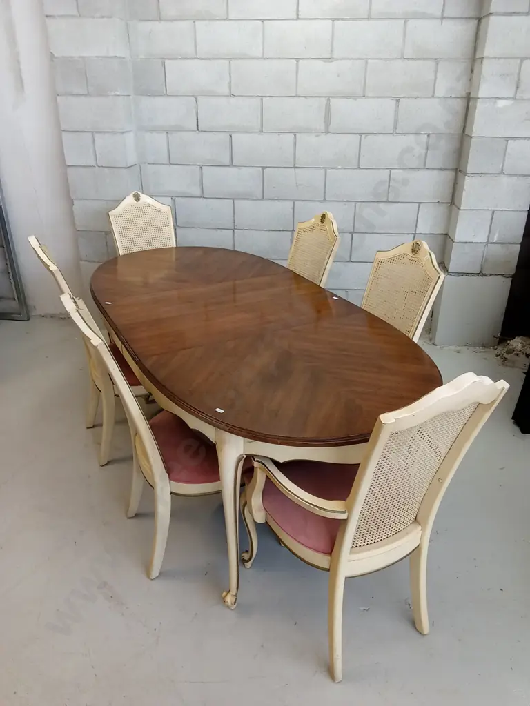 FRENCH PROVINCIAL-STYLE EXTENDABLE DINING TABLE WITH 6 CANE-BACK CUSHIONED CHAIRS, Image 1++