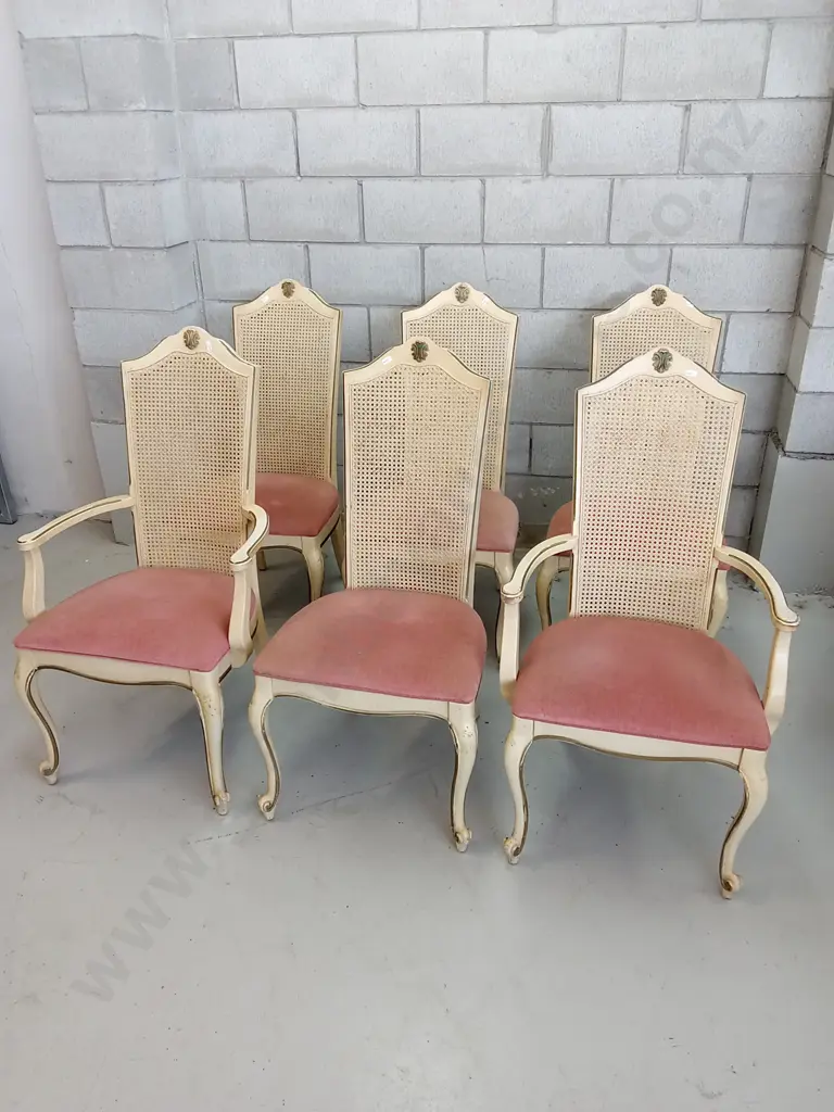 FRENCH PROVINCIAL-STYLE EXTENDABLE DINING TABLE WITH 6 CANE-BACK CUSHIONED CHAIRS, Image 1++