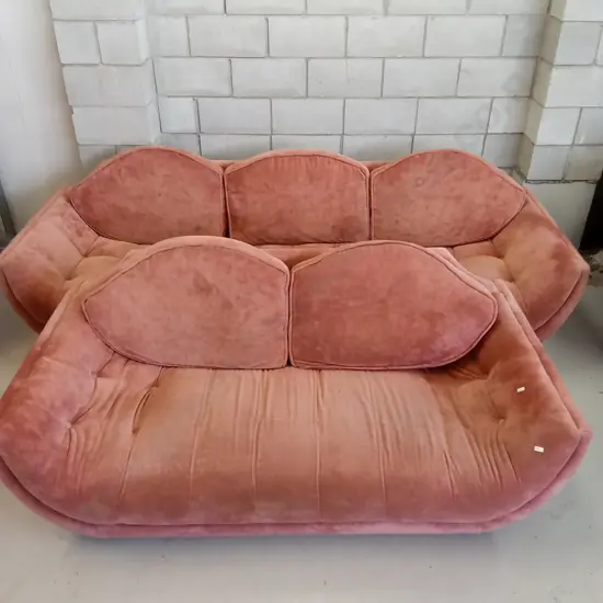 VINTAGE 1970'S MATCHING 3 SEATER & 2 SEATER CLAM SHELL COUCHES ORIGINAL COVERING BUT DYED W 205CM & 175CM