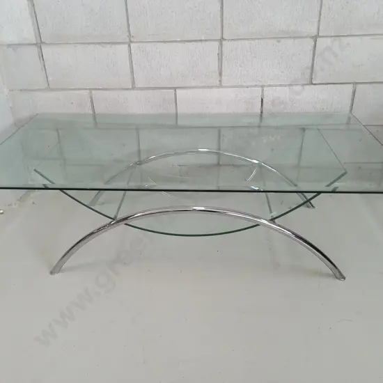 MODERN GLASS TOP COFFEE TABLE WITH CURVED GLASS LAYER, H 44CM X W 140CM X D 70CM