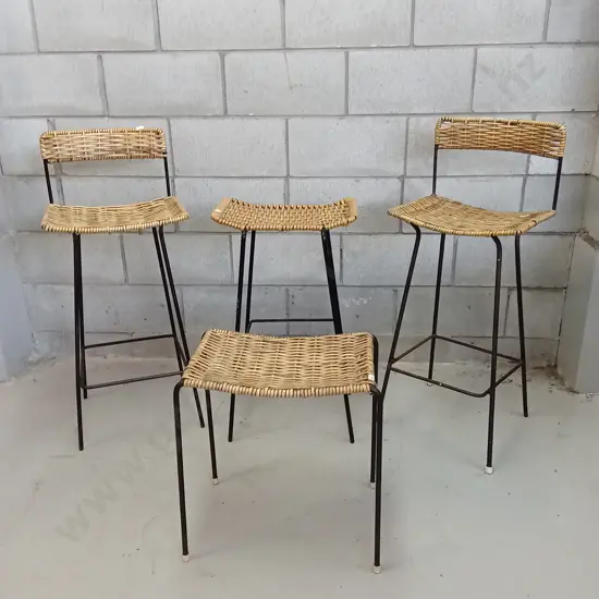 SET OF VARIOUS WOVEN RATTAN STOOLS, TALLEST STOOL IS 90CM