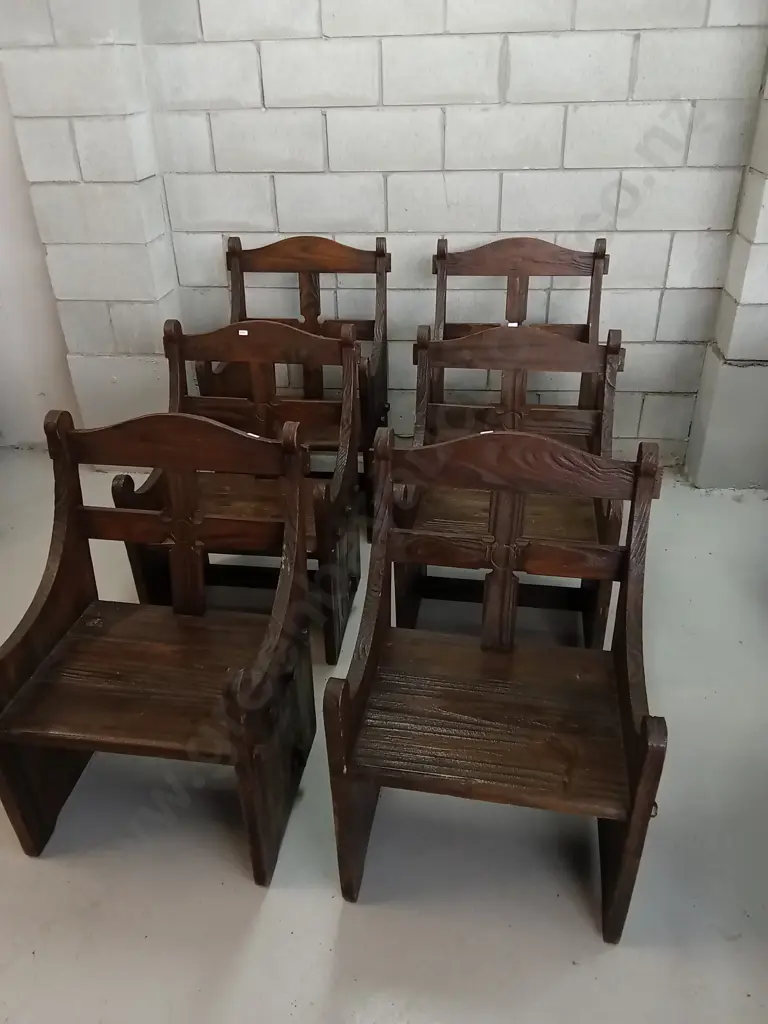 6 RUSTIC CHURCH PEW CHAIRS, H 84CM X W 58CM X D 44CM (BACK TWO CHAIRS ARE 94CM TALL) Image 1++