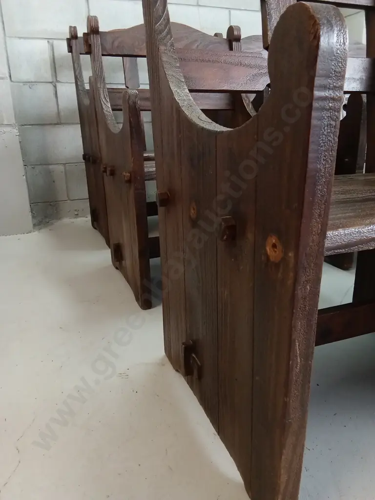 6 RUSTIC CHURCH PEW CHAIRS, H 84CM X W 58CM X D 44CM (BACK TWO CHAIRS ARE 94CM TALL) Image 1++