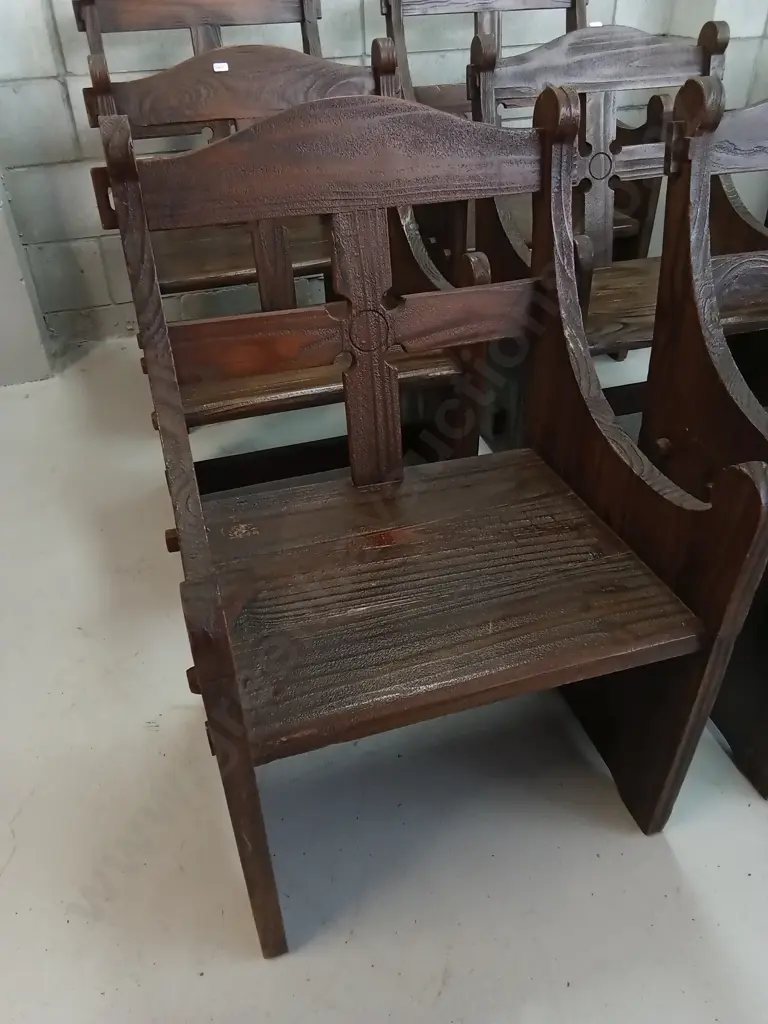 6 RUSTIC CHURCH PEW CHAIRS, H 84CM X W 58CM X D 44CM (BACK TWO CHAIRS ARE 94CM TALL) Image 1++