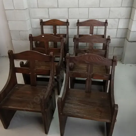 6 RUSTIC CHURCH PEW CHAIRS, H 84CM X W 58CM X D 44CM (BACK TWO CHAIRS ARE 94CM TALL)