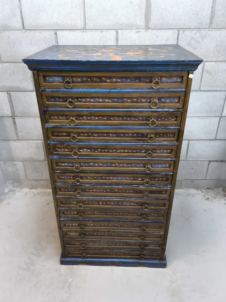 TALL WOODEN CHEST OF DRAWERS WITH HAND PAINTED DECAL, H 125CM X W 69CM X D 49CM Image 1++