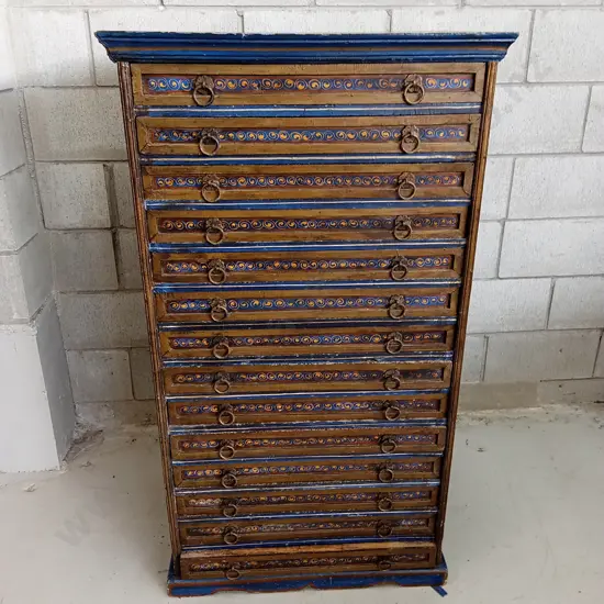 TALL WOODEN CHEST OF DRAWERS WITH HAND PAINTED DECAL, H 125CM X W 69CM X D 49CM