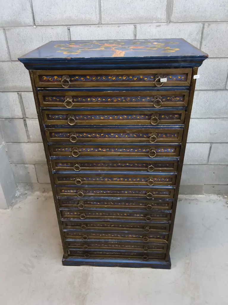 TALL WOODEN CHEST OF DRAWERS WITH HAND PAINTED DECAL, H 125CM X W 69CM X D 49CM Image 1++